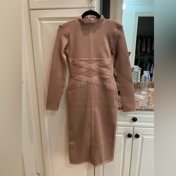 Cross Strap Ribbed Bandage Long Sleeve Midi Fall Winter Bodycon Party Dress - Picture 1 of 2